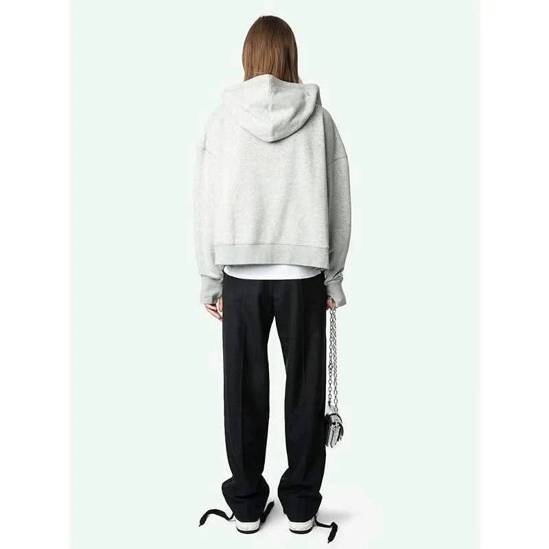 Zipper Sweatshirt Grey Cardigan Hooded Women