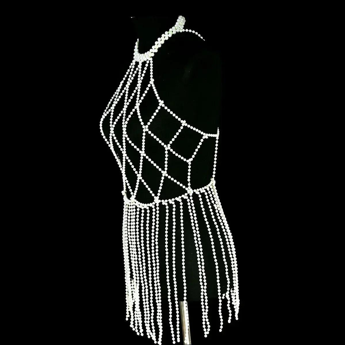 Luxurious a long fringed dress fashion faux pearl women’s body jewelry stage performance outdoor beach party accessories