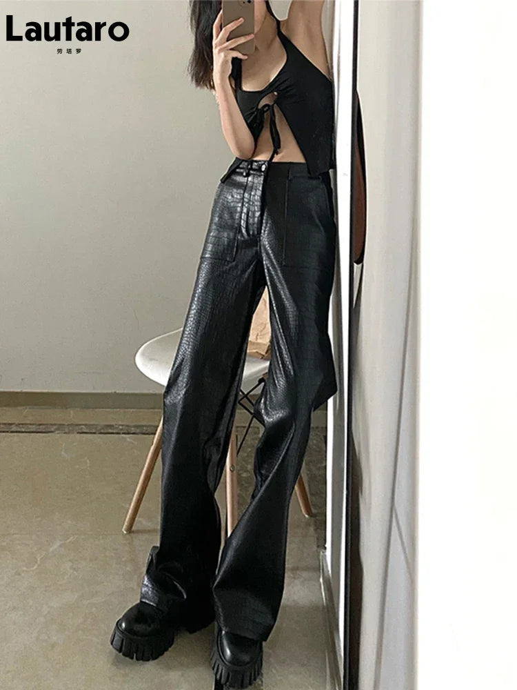 Lautaro Autumn Long Black Crocodile Texture Leather Pants Women Zipper High Waist Y2k Clothes Streetwear Women Trousers 2022