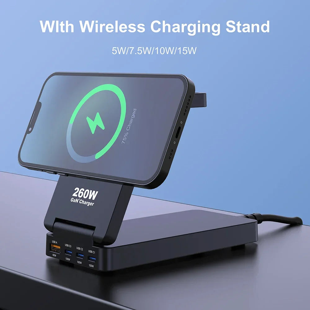 260W Magnetic Wireless Charging Station GaN USB TypeC Charger PPS PD Fast Charge For iPhone 16 15 IWatch AirPods Foldable Holder