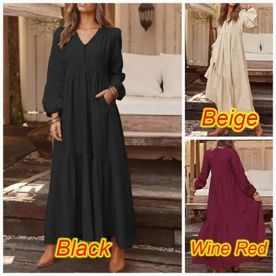 Vintage Cotton Linen Long Sleeve Dress Women Casual Autumn Maxi Robe V Neck Tiered Loose Vestido