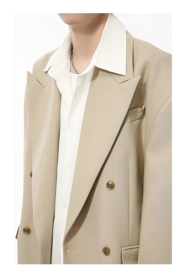 IEFB Korean Style Men's Blazers Double Breasted Shoulder Padded Tops Turn-down Collar Solid Color Loose Male Suit Jackets 9C8669