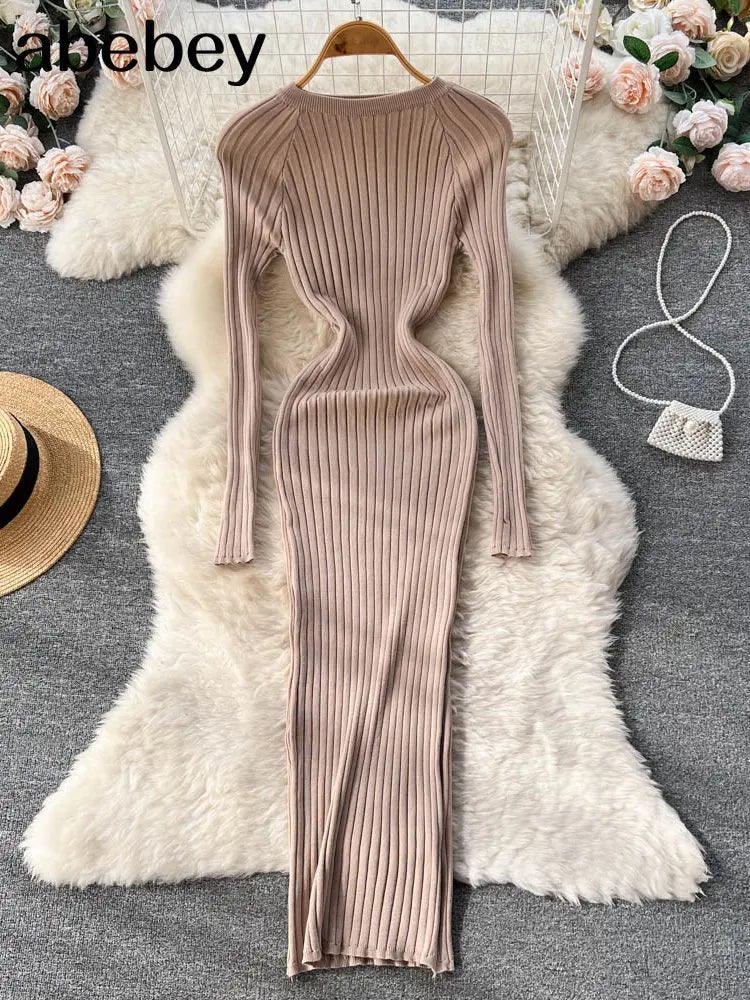 Women Autumn Knitted Dress O Neck Sexy Slim Elastic Oversized Basic Bodycon Long Dress Winter knit Warm Sweater Dresses