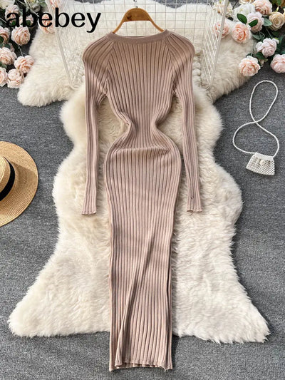 Women Autumn Knitted Dress O Neck Sexy Slim Elastic Oversized Basic Bodycon Long Dress Winter knit Warm Sweater Dresses