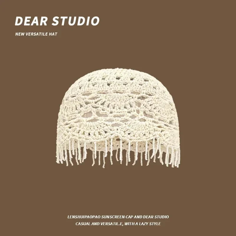 Personalized Beaded Fringed Knitted Beanies for Women Summer Autumn Thin Hollow Versatile Casual Retro Ethnic Style Pullover Hat