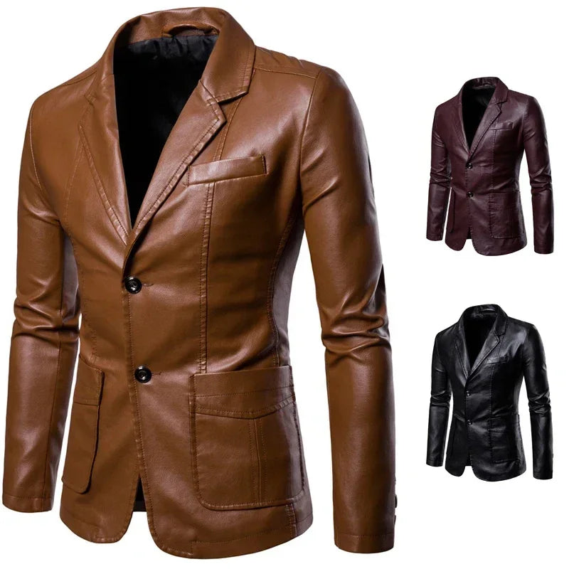 Blazer Man 2025 Men's PU Leather Jackets for Men Autumn Jacket Button Turn Down Collar Business Coat Biker Motocycle Jacket