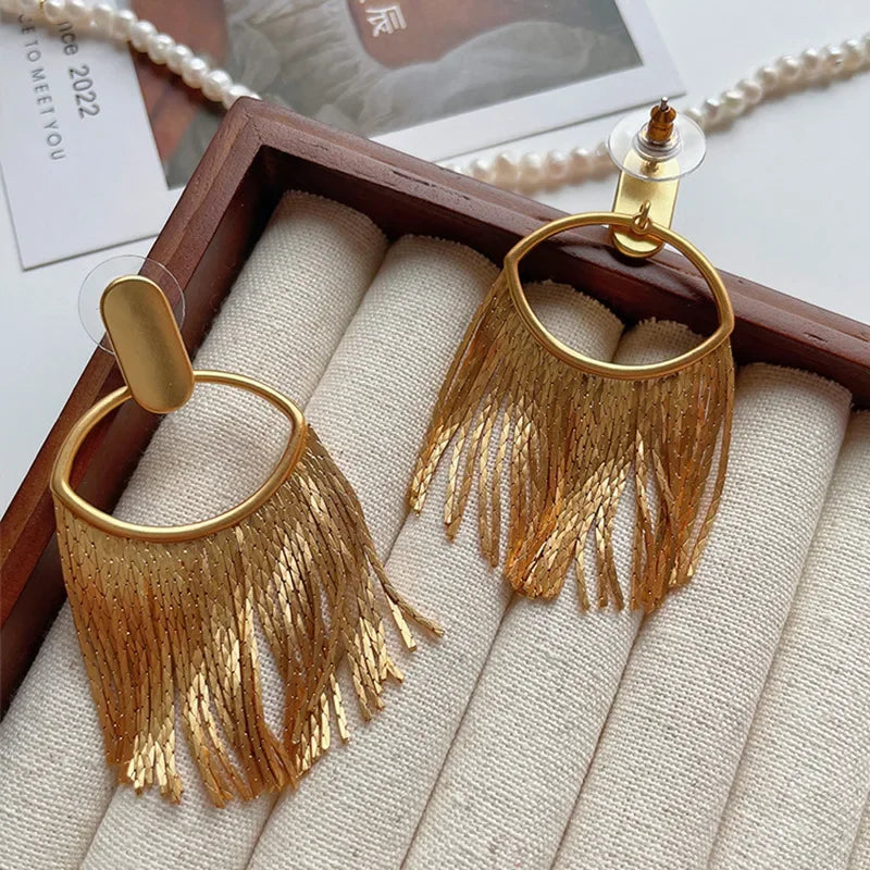 Fashion Statement Long Statement Gold Plated Bling Tassel Earring For Women Female Stainless Steel Wedding Daily Pendant Jewelry