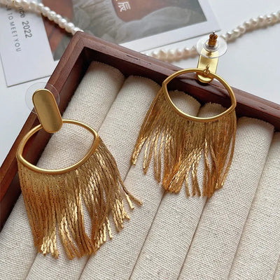 Fashion Statement Long Statement Gold Plated Bling Tassel Earring For Women Female Stainless Steel Wedding Daily Pendant Jewelry