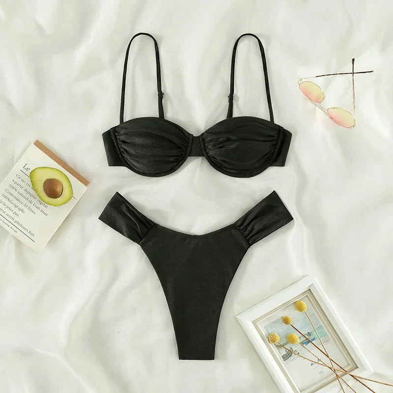 2023 New Swimwear Women Bikini Sets New Sexy Bikini Set Solid Color Sling Pleated Split Swimsuit Women 2 Pieces Micro Bikini Swi
