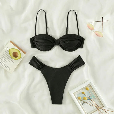 2023 New Swimwear Women Bikini Sets New Sexy Bikini Set Solid Color Sling Pleated Split Swimsuit Women 2 Pieces Micro Bikini Swi