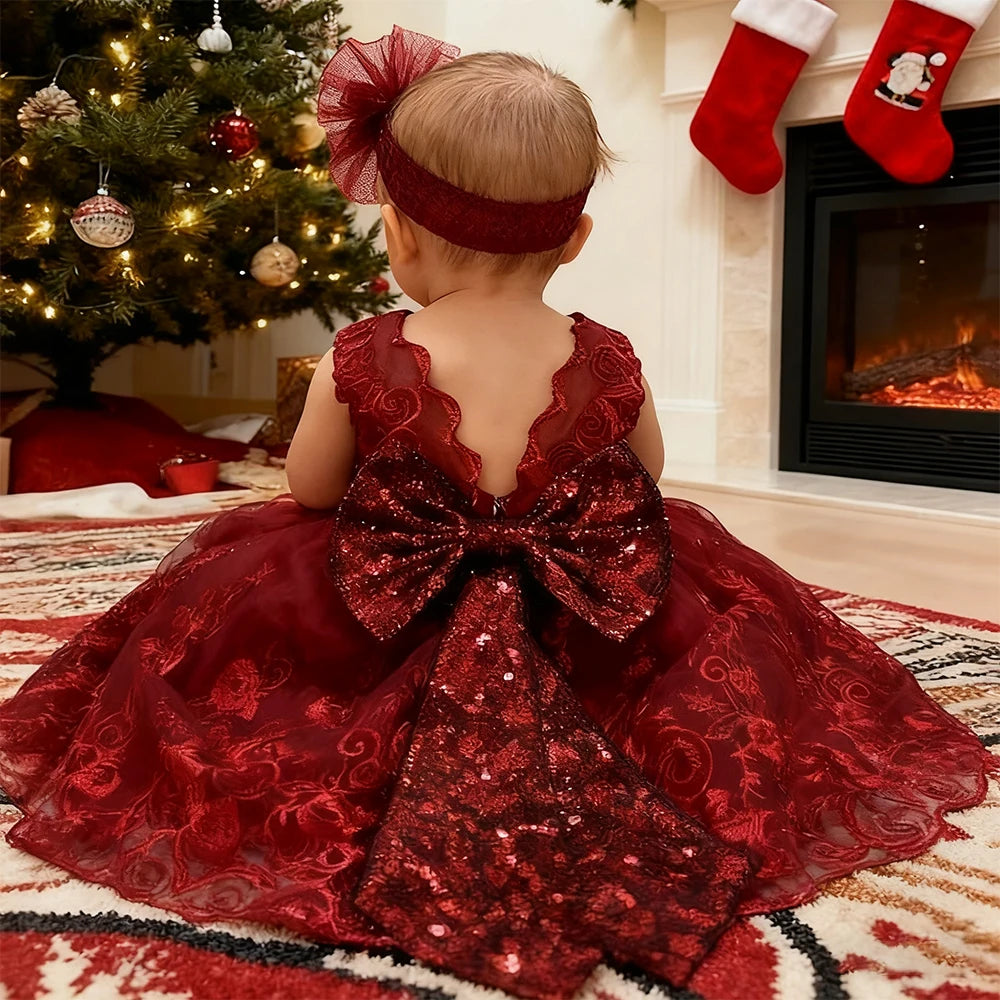 Christmas Costume Girls Party Dresses With Headband Baby Girl Clothes Xmas Sequin Big Bow Lace Princess Dress For 1st Birthday