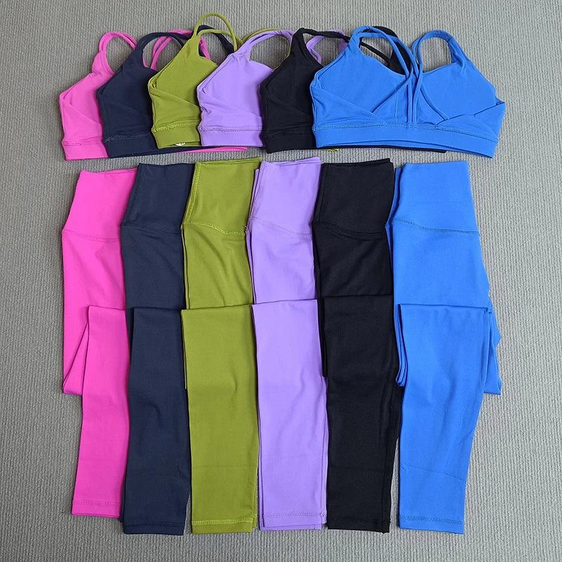 2 Pcs Gym Tights Yoga Clothes Set Sports Set Women Cross Back Bra Top High Waist Leggings Fitness Suit Running Workout Tracksuit
