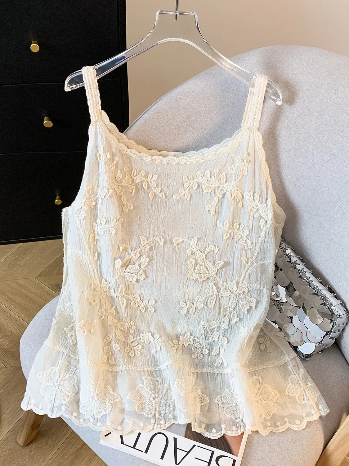 Ele Embroidered Lace Trim Csole Tank Top Women's Svel Summer Layering Vest Inner Wear Loose Fit Cotton 00%