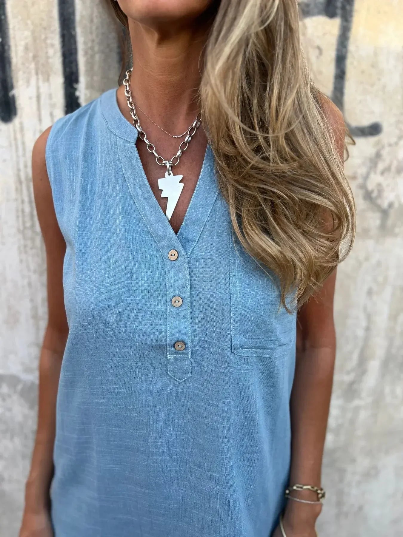 2025 Fashion Casual Cotton Linen Dresses For Women Summer Sleeveless Button Pocket Deep V Neck Party Mini Female Dresses Blue