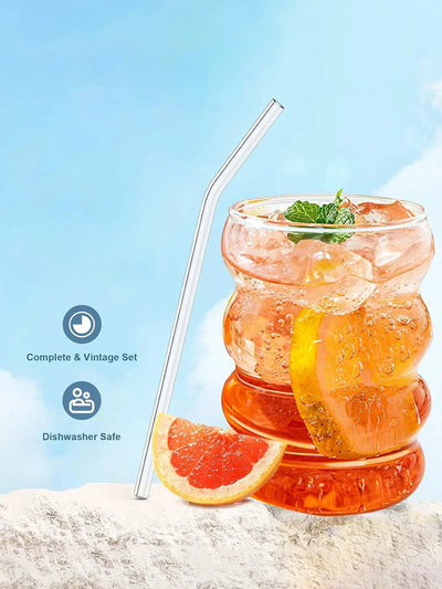 Leeseph 4Pcs Creative Glass Cups Coffee Mug Vintage Drinking Glasses Ribbed Glassware Aesthetic Cups with Straws Set