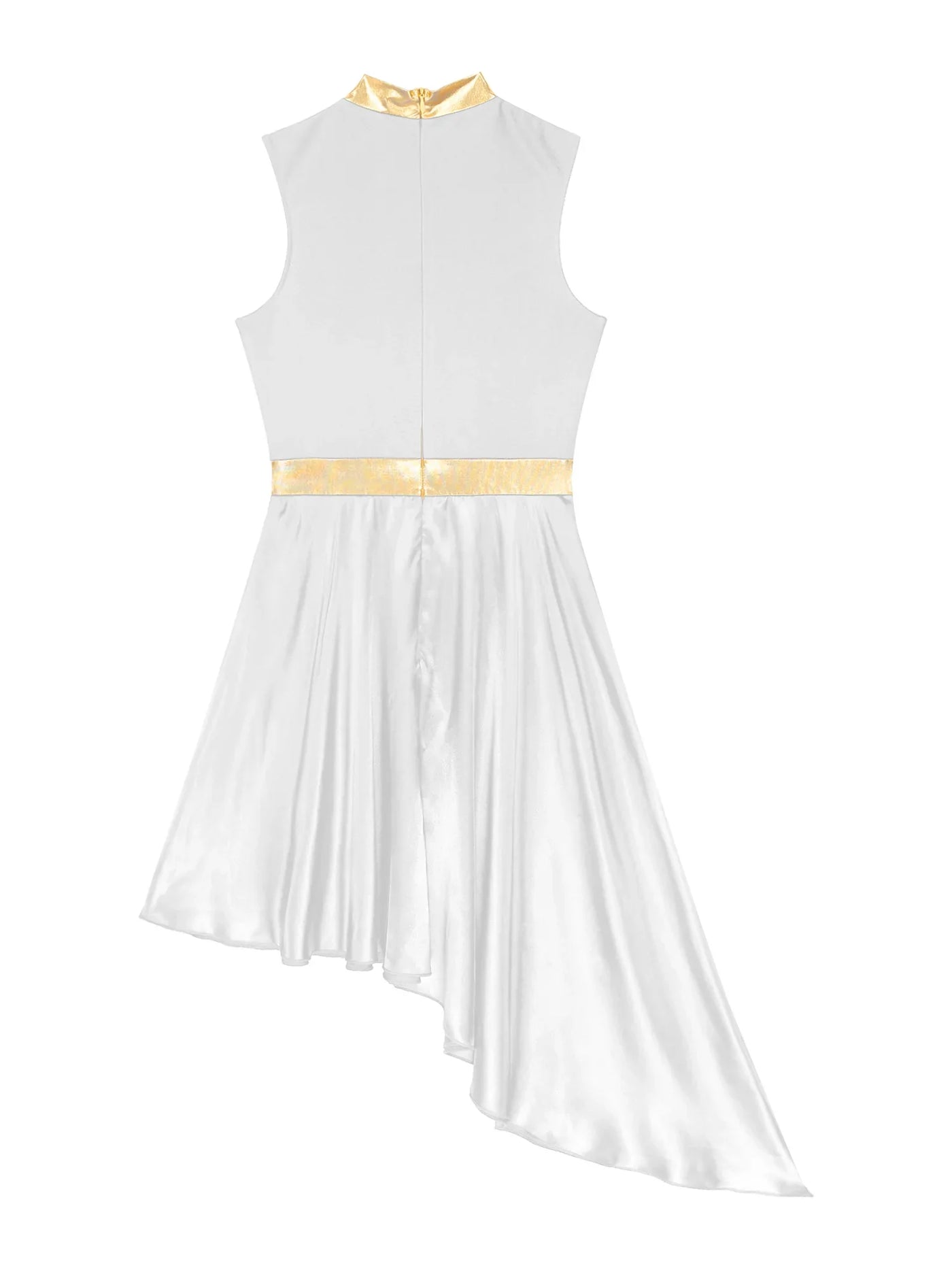 Women Lyrical Dance Dress Color Block Patchwork Invisible Zipper Back Flowy Asymmetrical Hem Sleeveless Dresses Dancewear