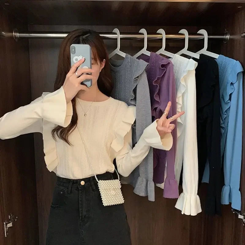 Ladies Sweaters Pullovers Round O Neck Grey Knitted Top for Women Jersey Winter 2025 Jumper Economics Long Sleeve Thermal Blouse