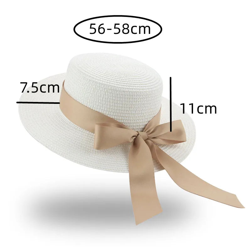 Bucket hat beach summer straw hats for women flat top ribbon bowknot elegant luxury sombreros de mujer