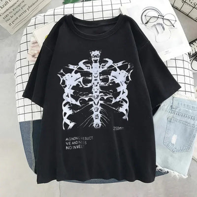 Dark Skull Bones Heart and Lung Print T-Shirt For Women
