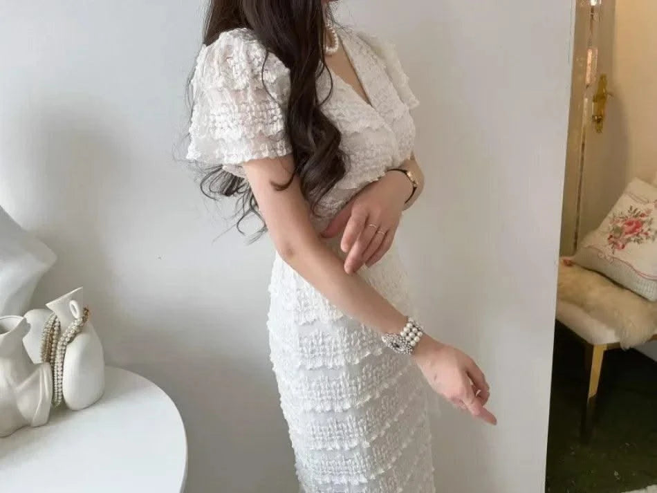 Elegant Sexy Crochet Flower Short Sleeve V Neck Dress, Slim Fit High Waisted Lace Up Dress for Women