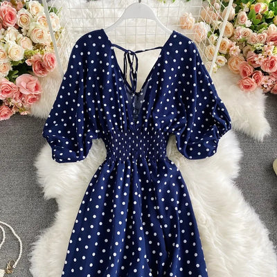 V Neck Sexy Dolman Sleeves Waist Slim Polka Dot Print Jumpsuit Women Wide Leg Trousers Jumpsuit