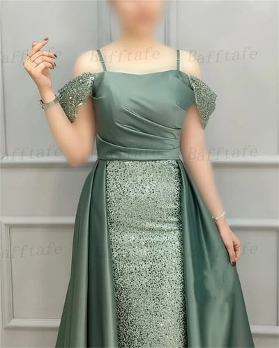 Bafftafe Shiny Sequines Satin Mermaid Evening Dresses Prom Off The Shoulder Straps Customized Women Formal Birthday Party Gowns