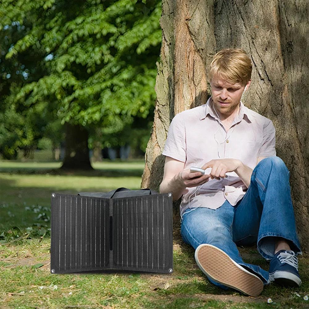 24W Portable Solar Panel with USB-C USB-A Outputs Foldable Solar Panel Solar Charging Panel for Phone Power Bank Small Fan