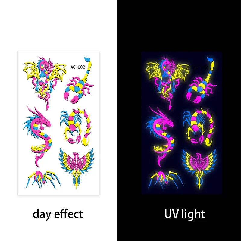 Temporary Fluorescent Tattoos Flower Feather Animals Pattern Body Arm Leg Face Stickers Night Bar Party Music Festival