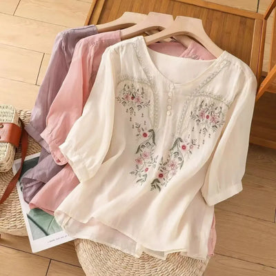 Linen V-neck EmbroideryTop For Women