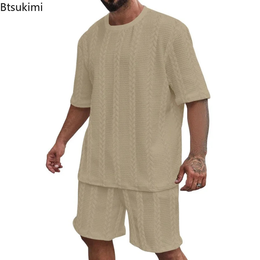2025 Summer Casual Shorts Sets Knitted Jacquard Two Pieces Men's Tracksuit Solid O-neck Short Sleeve T-shirts+Shorts Streetwear