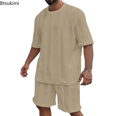 2025 Summer Casual Shorts Sets Knitted Jacquard Two Pieces Men's Tracksuit Solid O-neck Short Sleeve T-shirts+Shorts Streetwear