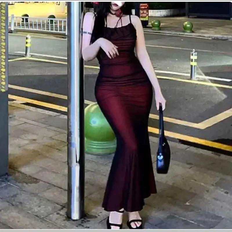 Sexy luxury woman evening dress red mesh gothic elegant party bodycon dresses maxi chic female night club outfits