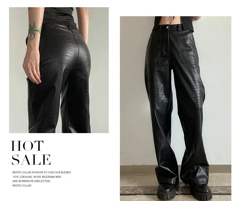 Lautaro Autumn Long Black Crocodile Texture Leather Pants Women Zipper High Waist Y2k Clothes Streetwear Women Trousers 2022