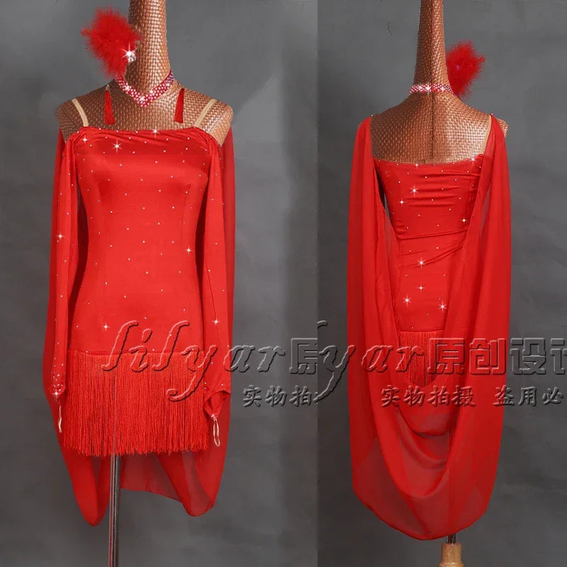 Latin Dance Performance Dress New Women's Customized Big Red Waist Fringe Dance Dress