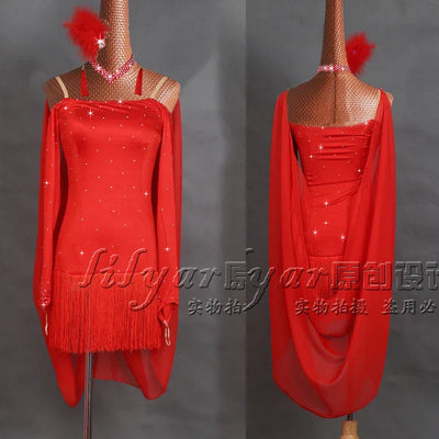 Latin Dance Performance Dress New Women's Customized Big Red Waist Fringe Dance Dress