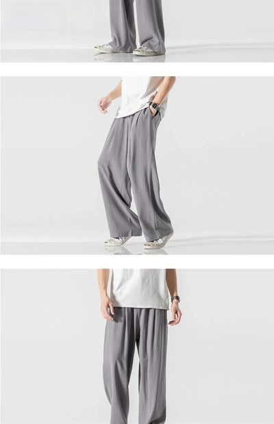 Summer Large Size Linen Cotton Wide Leg Pants Men Casual Comfortable Loose Fit Straight Leg Trousers Long Pants