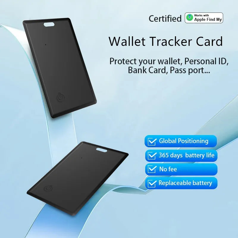 Black Slim Wallet Tracker Card with Replaceable Battery and GPS