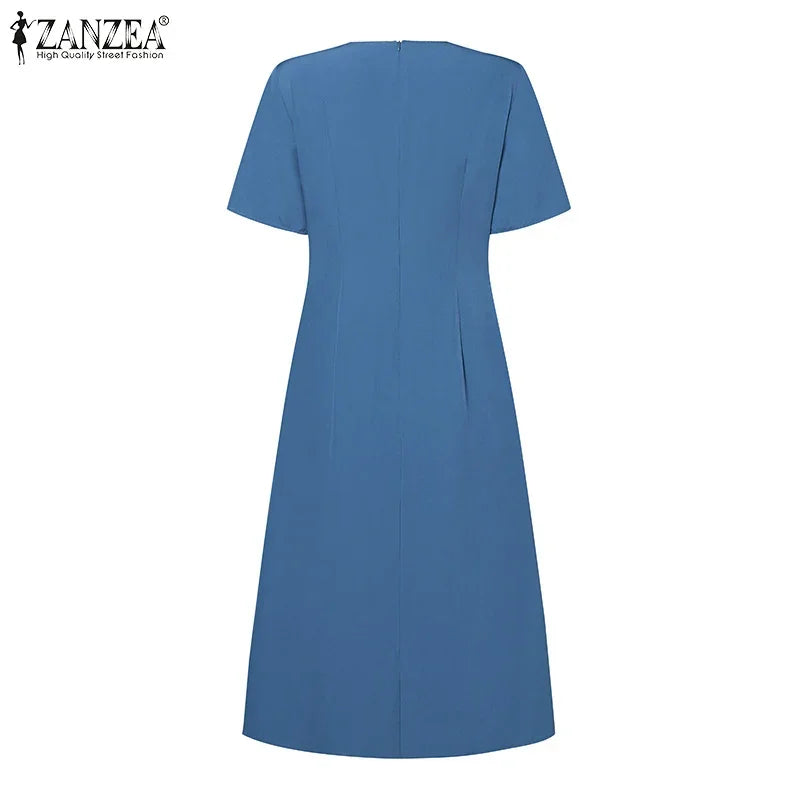 Summer Women Elegant OL Work Sundress V Nek Party Dress 2024 ZANZEA Fashion Short Sleeve Robe Femme Solid Pleated Midi Vestidos