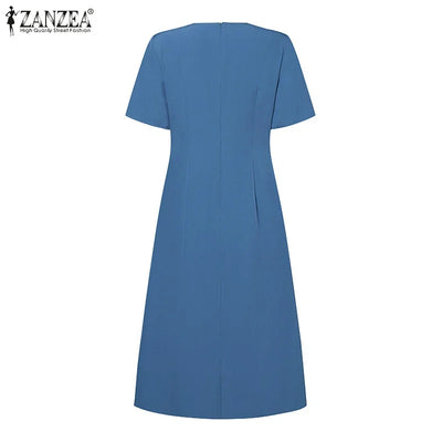 Summer Women Elegant OL Work Sundress V Nek Party Dress 2024 ZANZEA Fashion Short Sleeve Robe Femme Solid Pleated Midi Vestidos