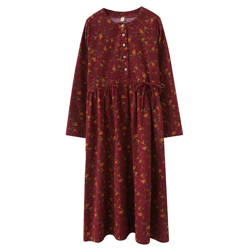 Long Sleeve Cotton Linen Vintage Floral Print Dresses For Women 2025 New Spring Autumn Casual Dress Robe Femme Elegant Clothing