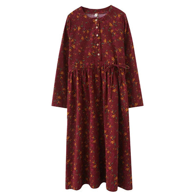 Long Sleeve Cotton Linen Vintage Floral Print Dresses For Women 2025 New Spring Autumn Casual Dress Robe Femme Elegant Clothing