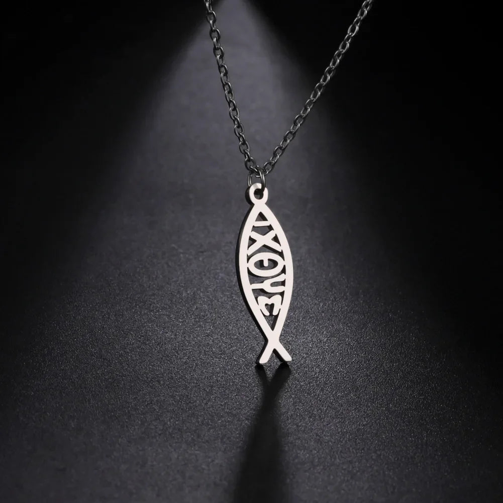 Jeshayuan Christian Jesus Fish Pendant Necklaces For Women Double Layer Stainless Greek ΙΧΘΥΣ Christian Religious Gift