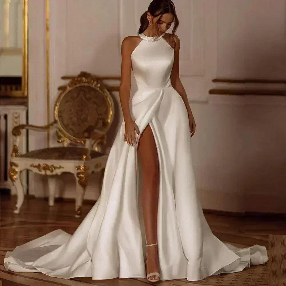 Wedding dresses side slit sexy bridal robes a-line lustrous satin gown