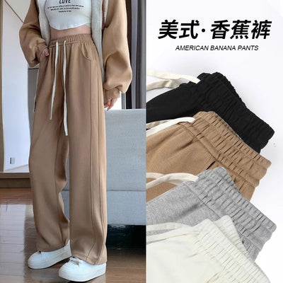 Narrow Version of Wide-leg Pants for Women in Spring Autumn High Waist Drooping Slim Casual Straight American Sports Twill