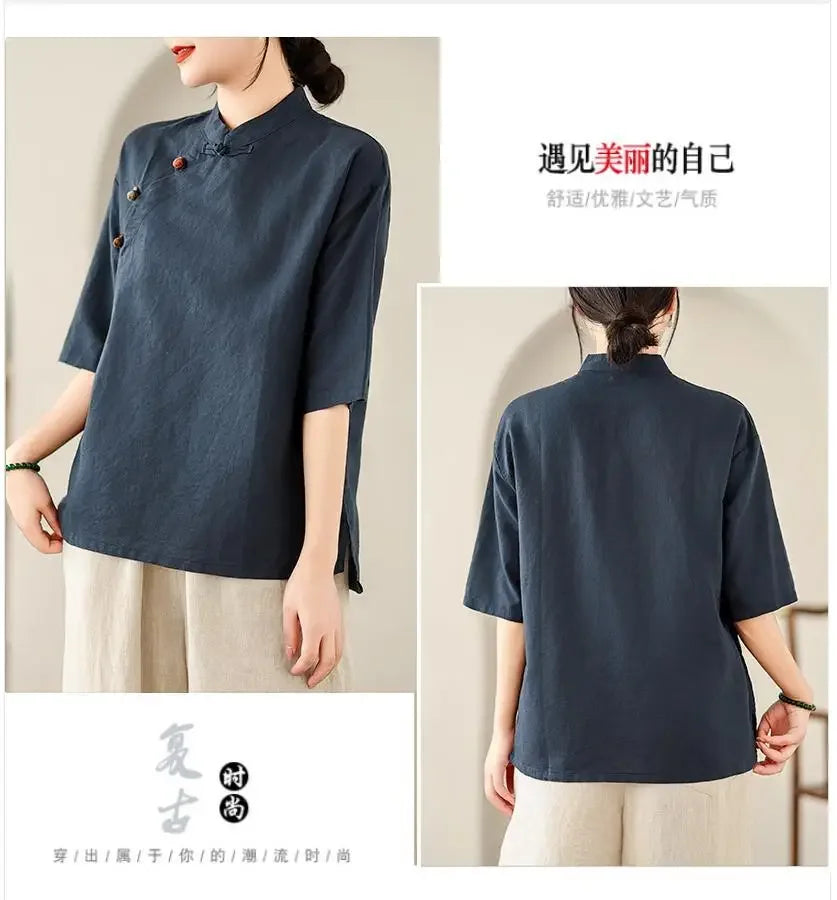 Women's Retro Linen Short-Sleeved Top