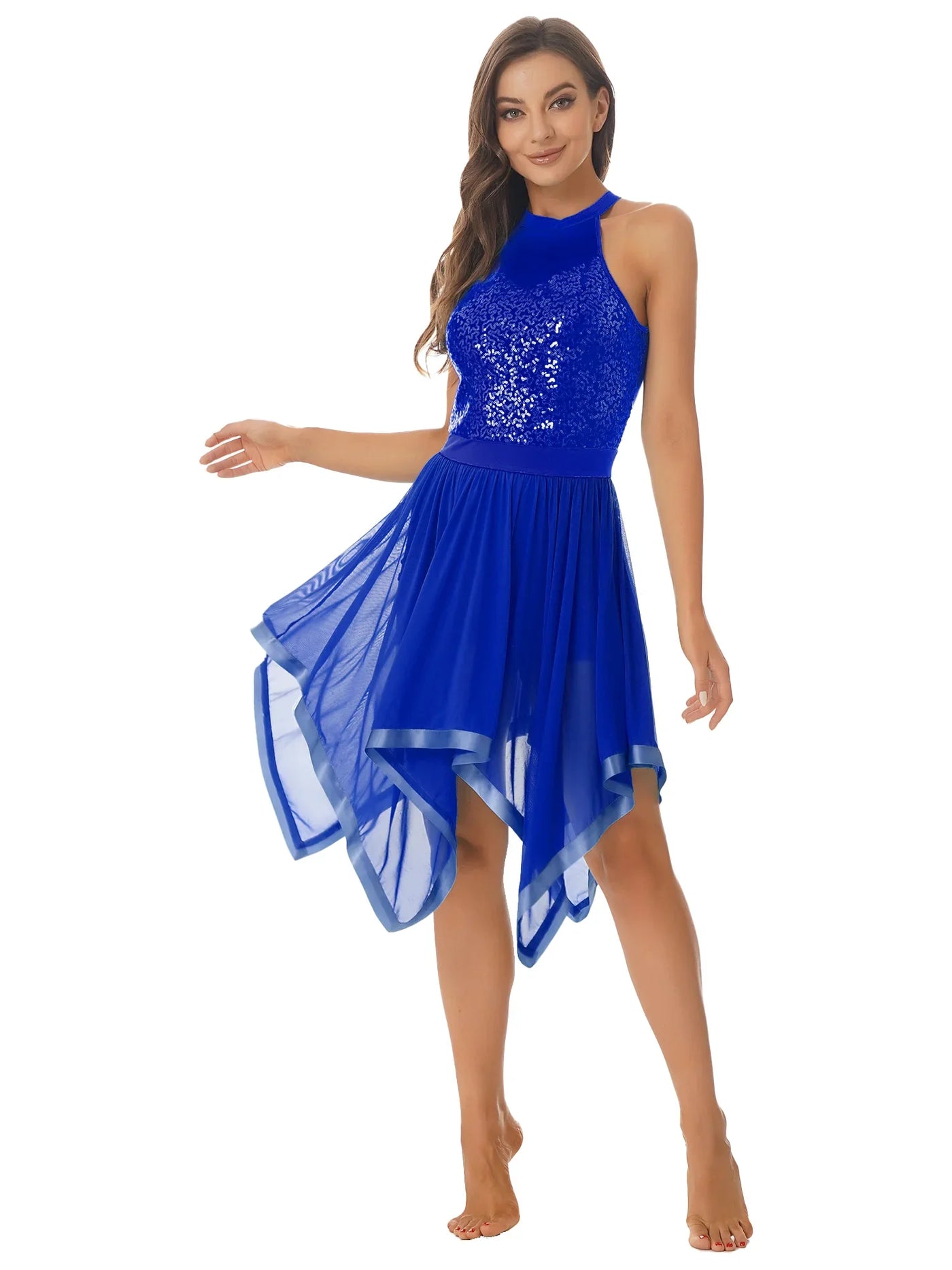 Elegant Ballet Leotards Dance Dress For Women Shiny Sequins Asymmetrical Hem Mesh Lyrical Dresses Prom Performance Costume