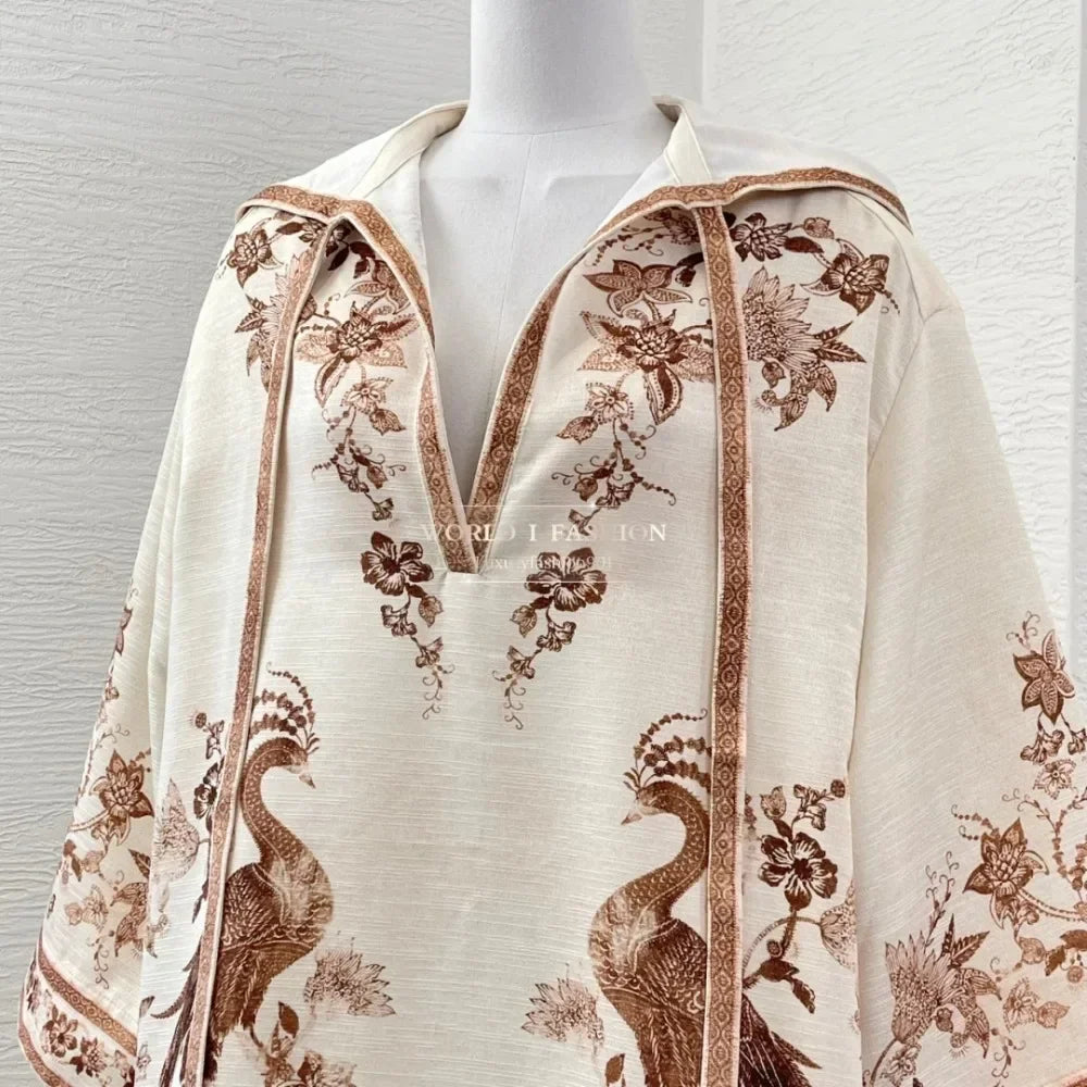White Cream Color Brown Floral Print Long Sleeve Hooded Blouse and Pants 2025