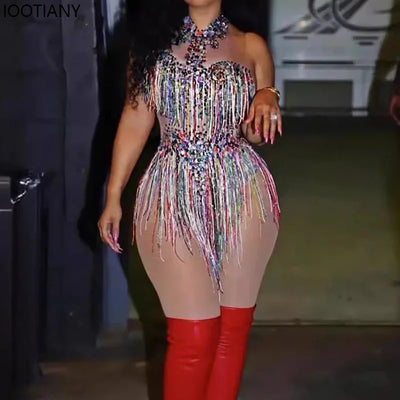 Women Sexy Waist Hollow Bodysuit Colorful Tassel Rhinestone Jumpsuits Holiday Party Dress Ds Dj Nightclub Bar Singer Dance Dress