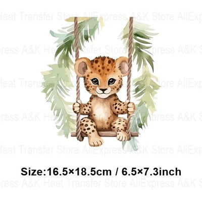 Baby Animal On Swings Heat Transfers For Kids Clothing Elephant Tigers Lion Stickers On Clothes Diy Thermal Patches Decals