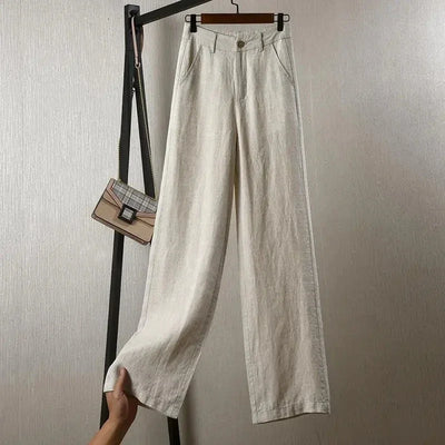 Women's Cotton Linen Straight Trousers Elastic High Waist Wild Wide Leg Pants Female Spring Summer Solid Color Loose Linen Pants